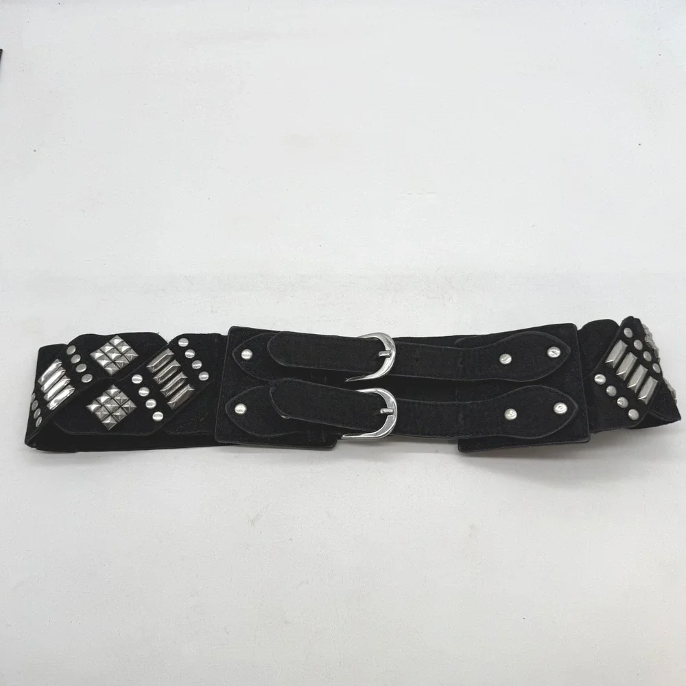 Le Chateau Black Studded Elastic Cinch Belt Double Buckle M Y2K goth moto biker‎